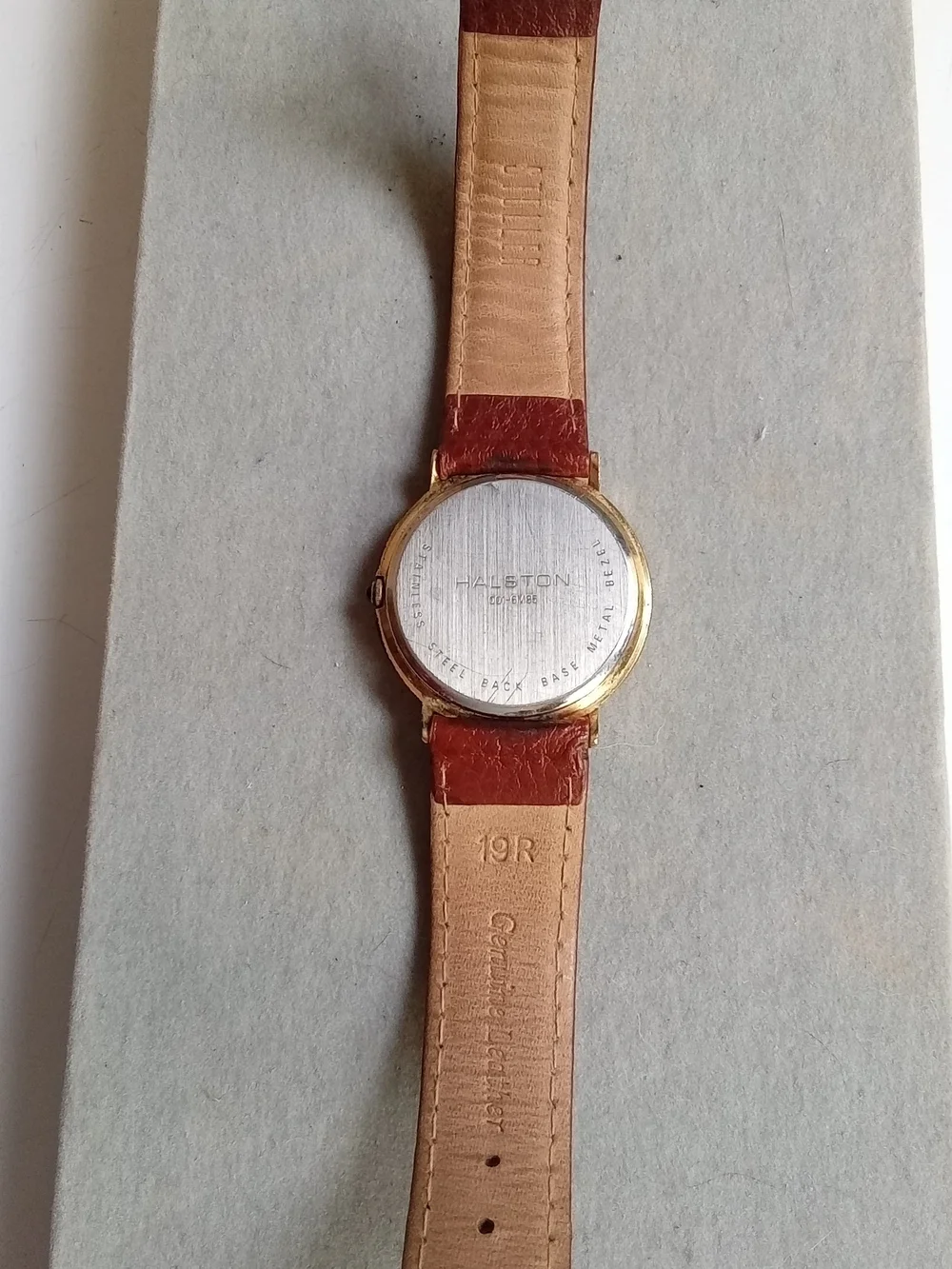 Halston Quartz Watch Moon Phase Date Gold Tone Brown Leather Strap 001-6M85